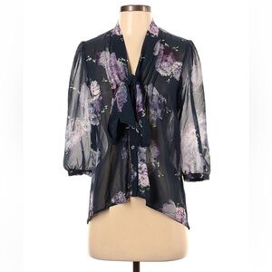 Pins and Needles XS Sheer Floral Blouse Tie Neck Romantic Boho Top Cottagecore